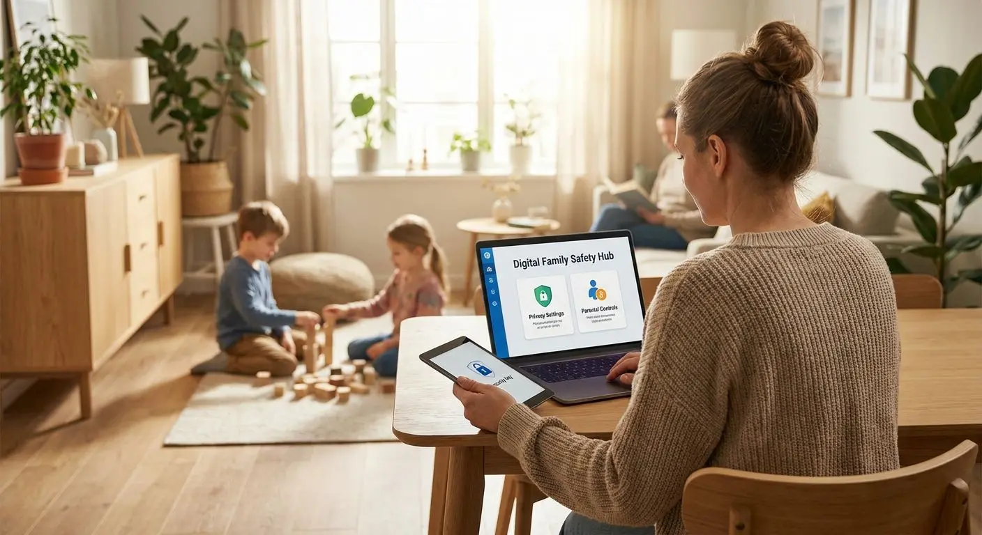 Trygg familjemiljö där vuxen skyddar konto och minderåriga inte deltar