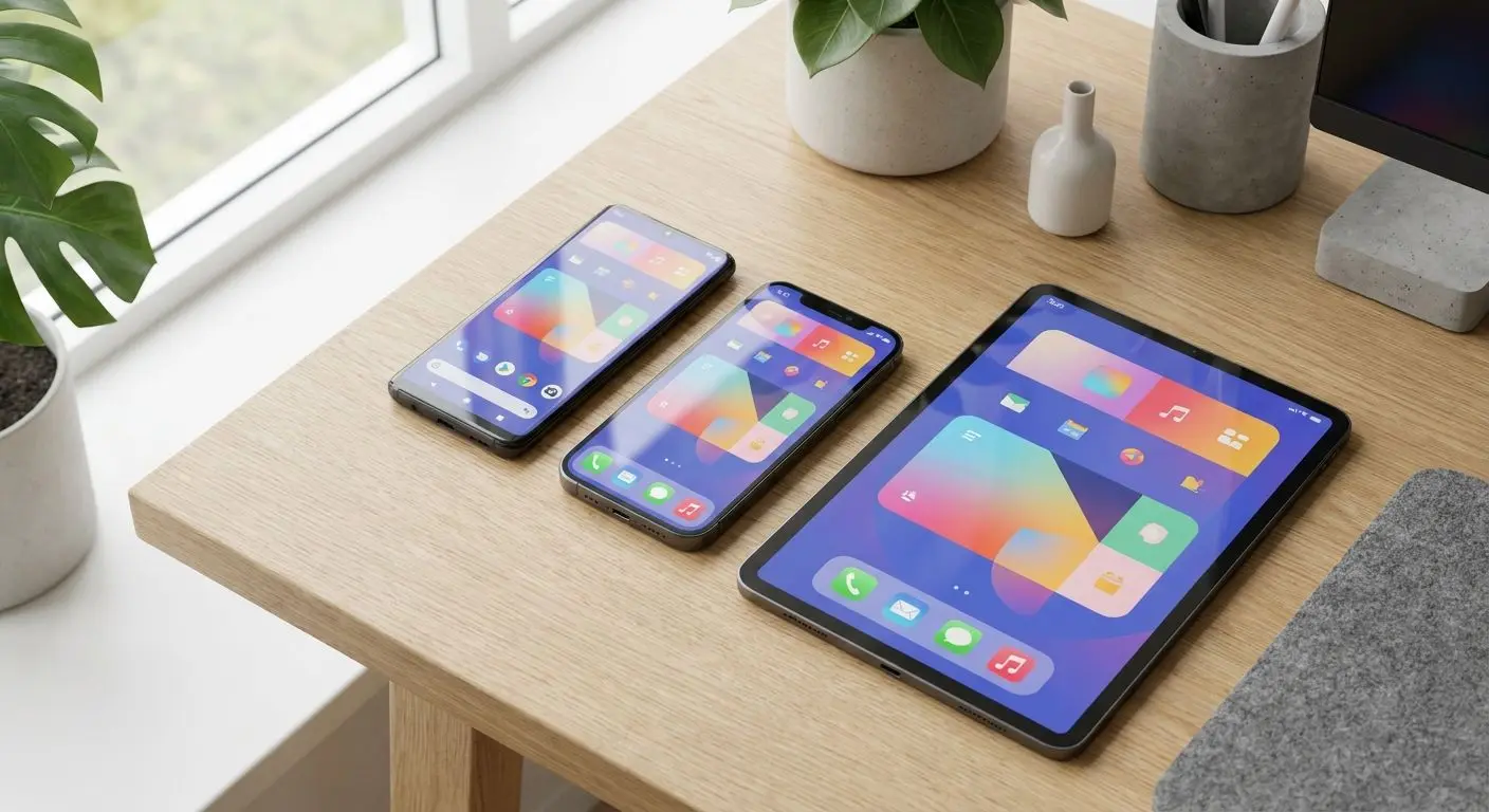 Android, iPhone och surfplatta med mobilgränssnitt