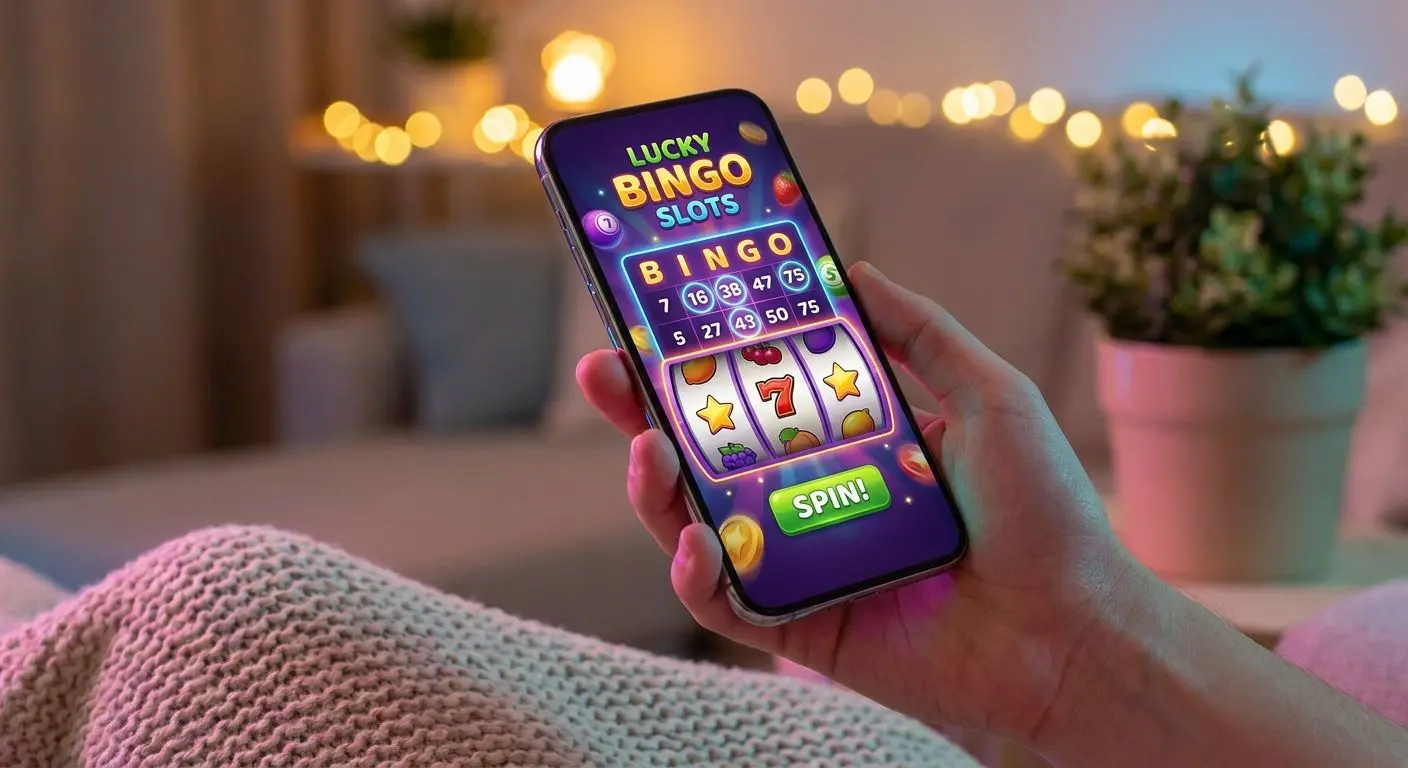 Mobil upplevelse för bingo och spel MobilskÀrm med bingo och spelgrÀnssnitt i handen