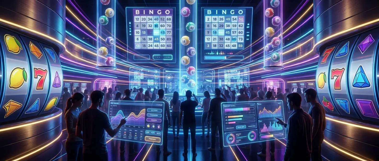 Ăversikt av bingo och spel pĂ„ samma plattform Digital bingohall och spelgrĂ€nssnitt i fĂ€rgstark collagebild