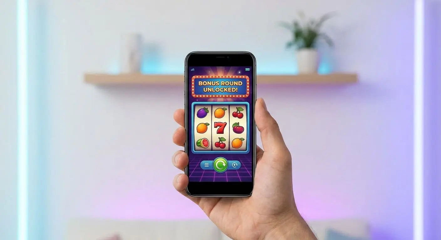 Mobiltelefon som visar bonus och slotspel