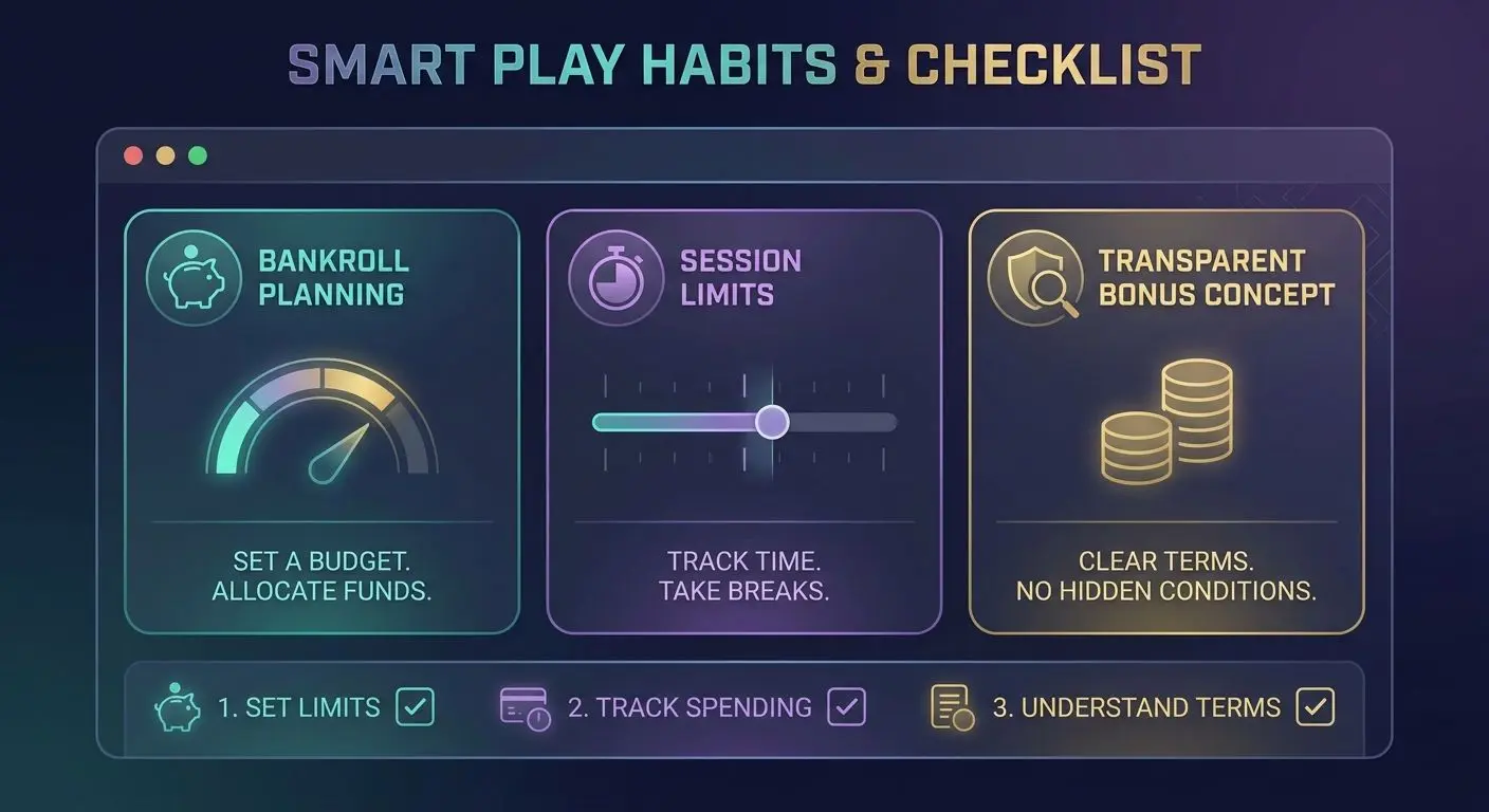 Illustration av smart spelande med checklista och bankrullekontroll