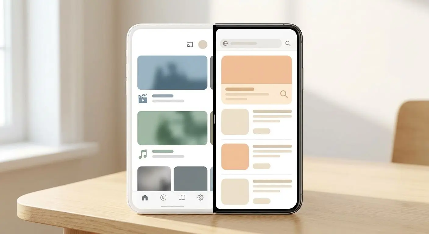 Delad mobilvy med app och webbläsare sida vid sida
