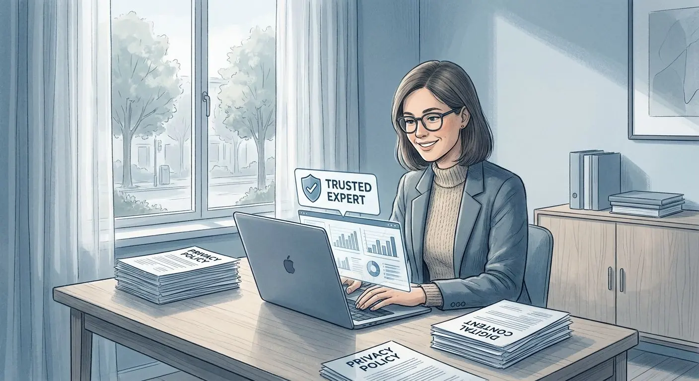 Författarillustration för integritetsguide Illustration av en expert som arbetar med integritetsfrågor och digitalt innehåll