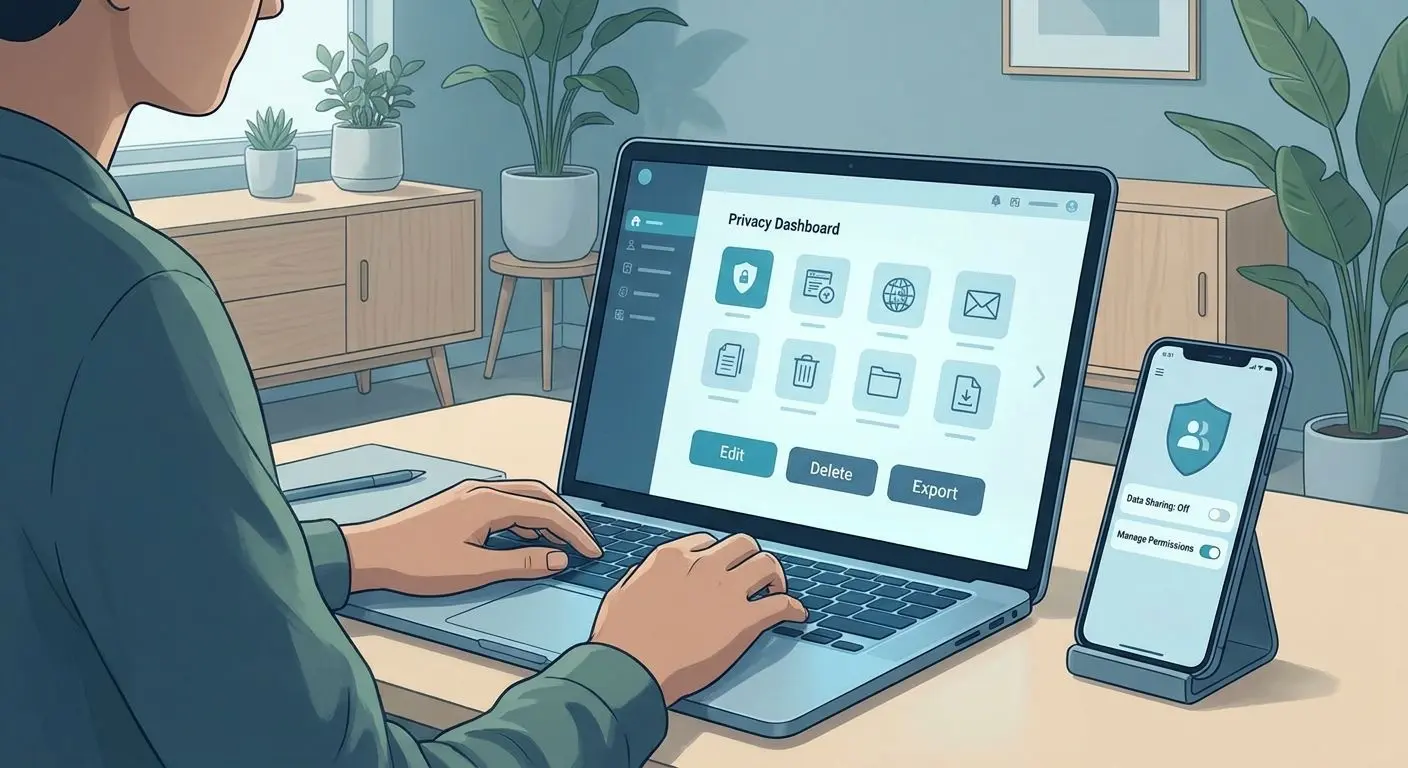 Praktisk hantering av datarättigheter Spelare hanterar datainställningar med symboler för redigera, radera och exportera