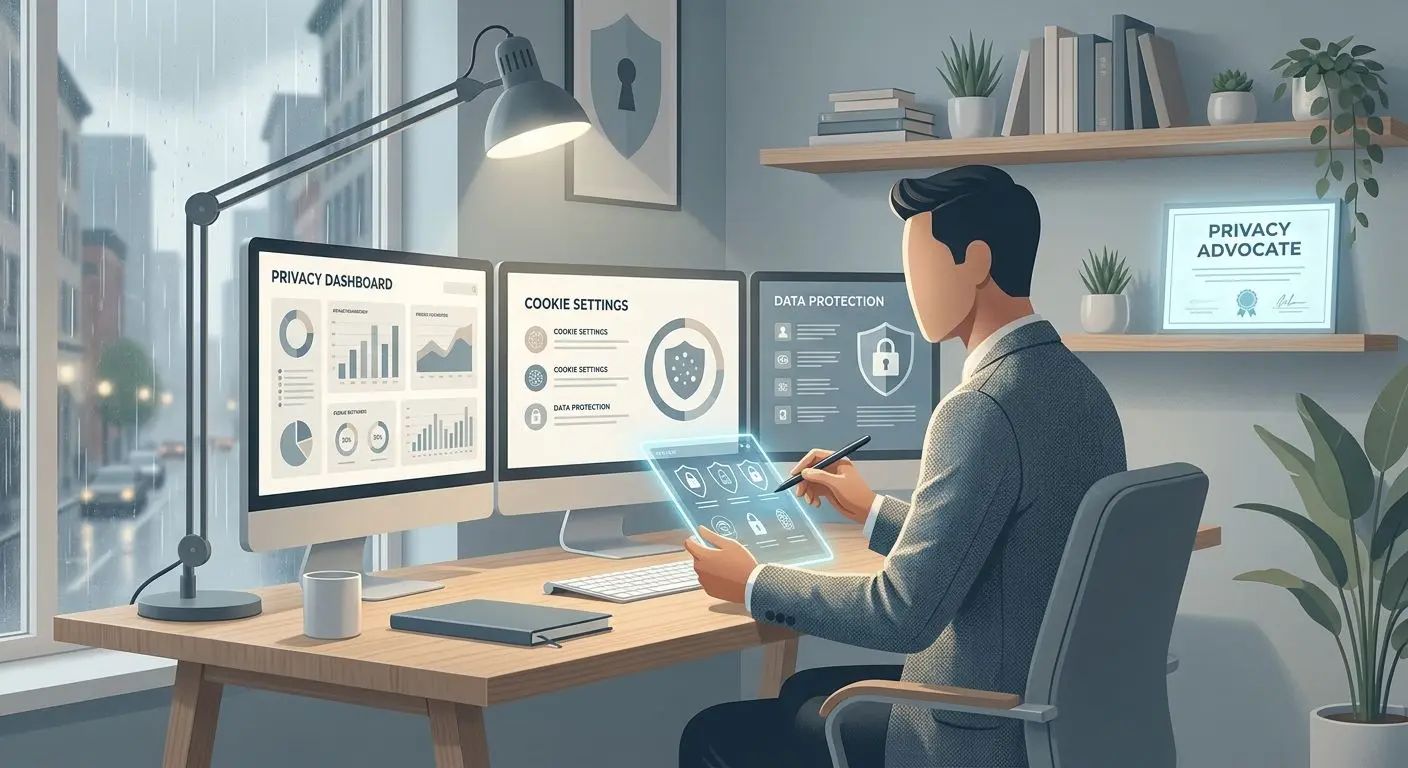 Expert och analytiker inom dataskydd Illustration av expert som analyserar dataskydd och cookieinställningar