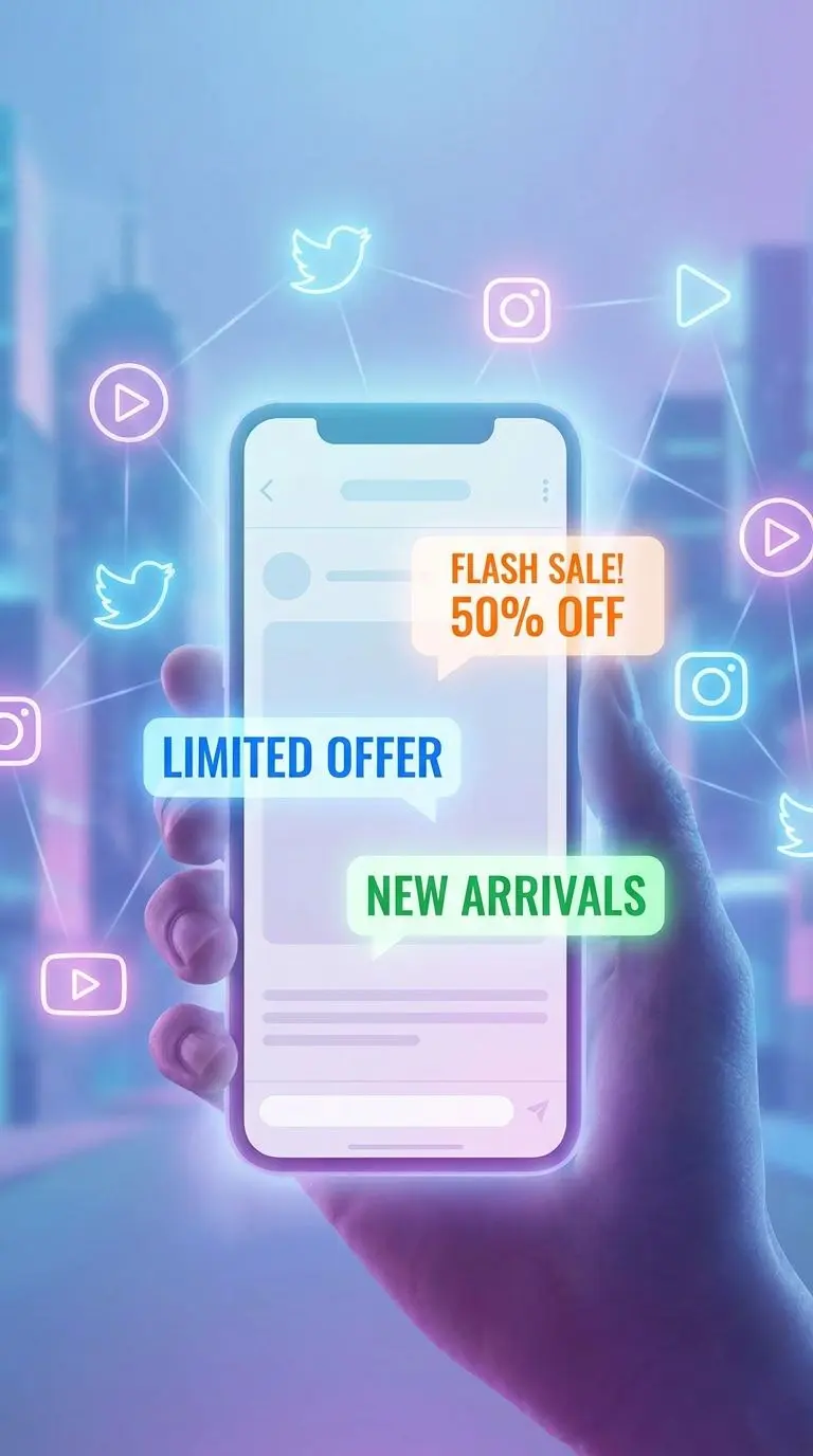 Mobil med kampanjnotiser och sociala medier-ikoner