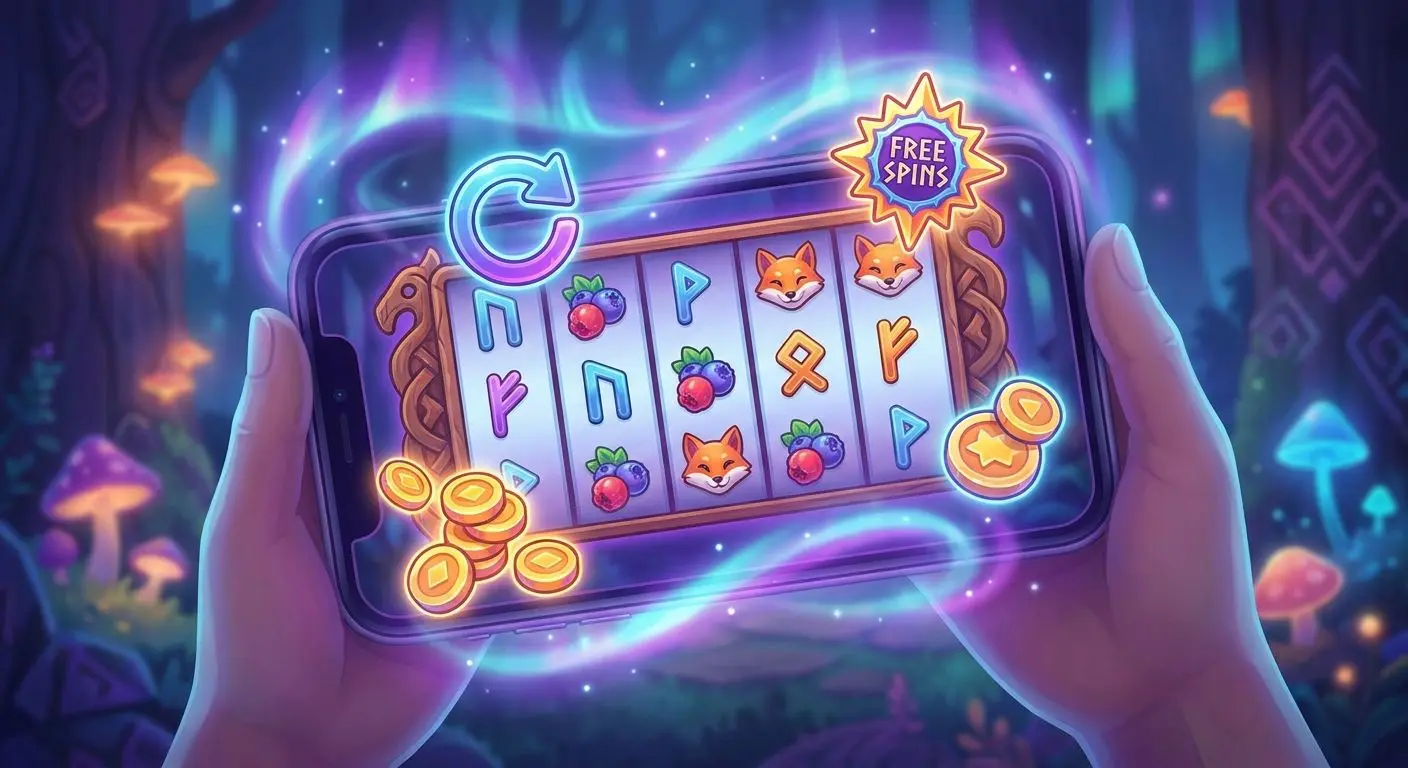 Mobilskärm med slot-hjul och symboler för free spins