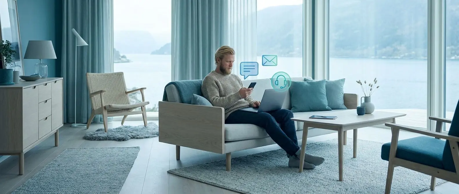 Spelare med laptop och mobil omgivet av ikoner för chatt, e-post och telefon