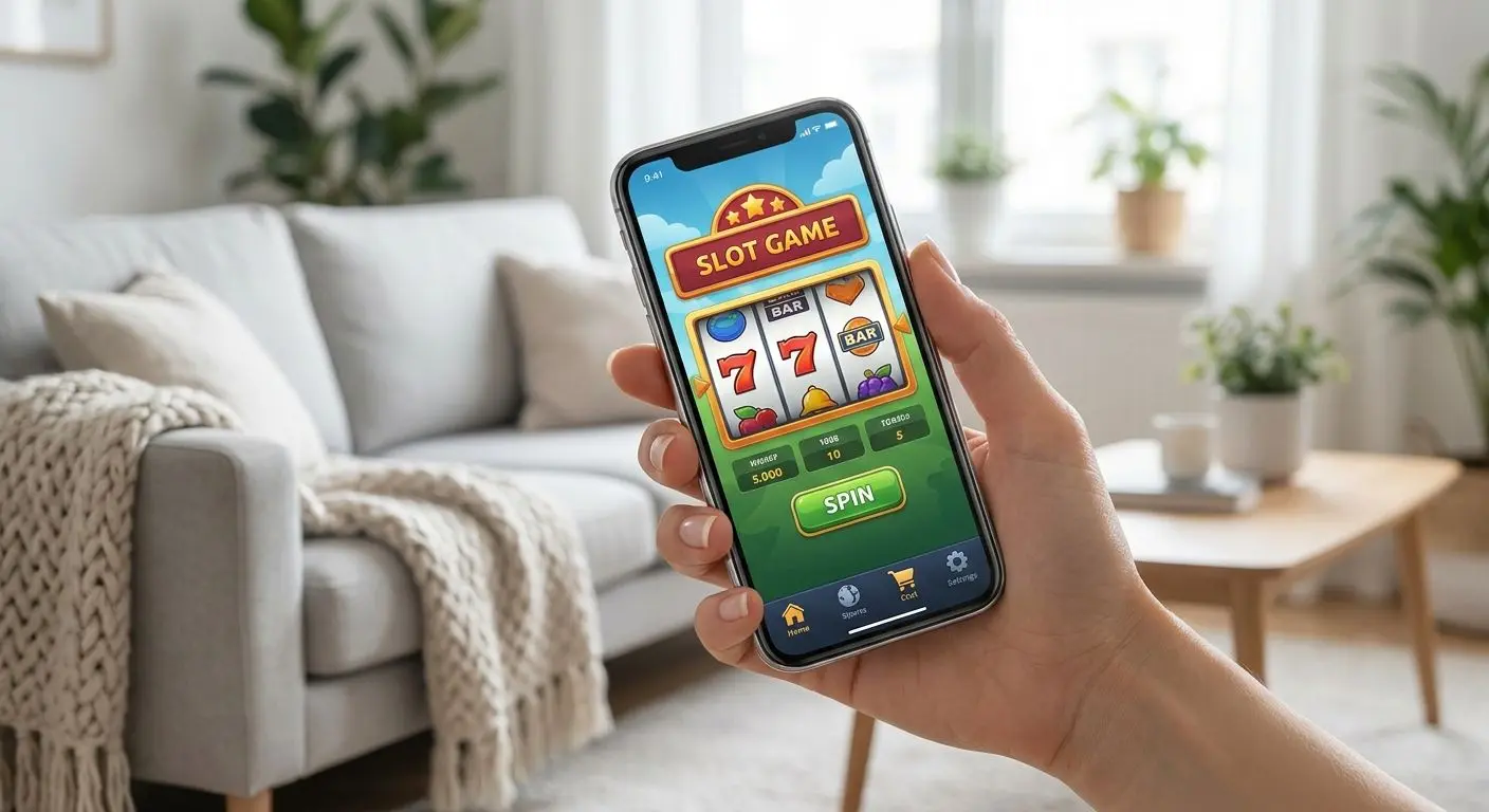 Person håller mobil med spelvy i svensk hemmiljö
