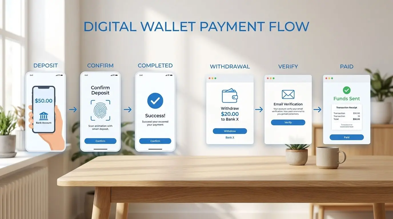 Steg för insättning och uttag med PayPal Grafik som visar steg för steg hur insättning och uttag via PayPal fungerar