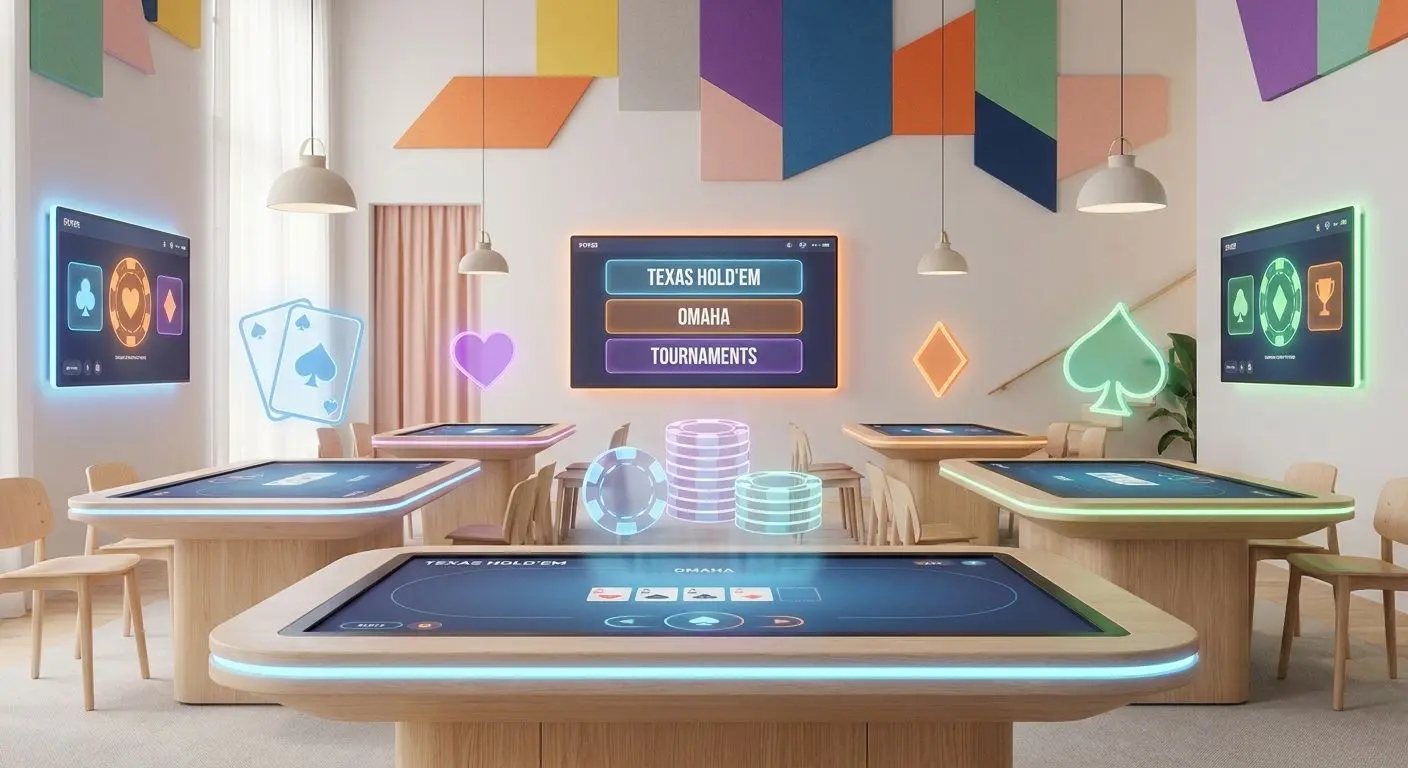 Översikt av spellobby med pokersymboler och färgstark design