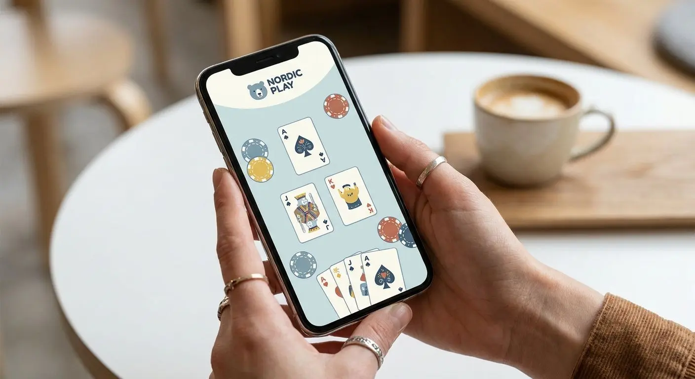 Hand som håller smartphone med mobilanpassat pokerspel på skärmen