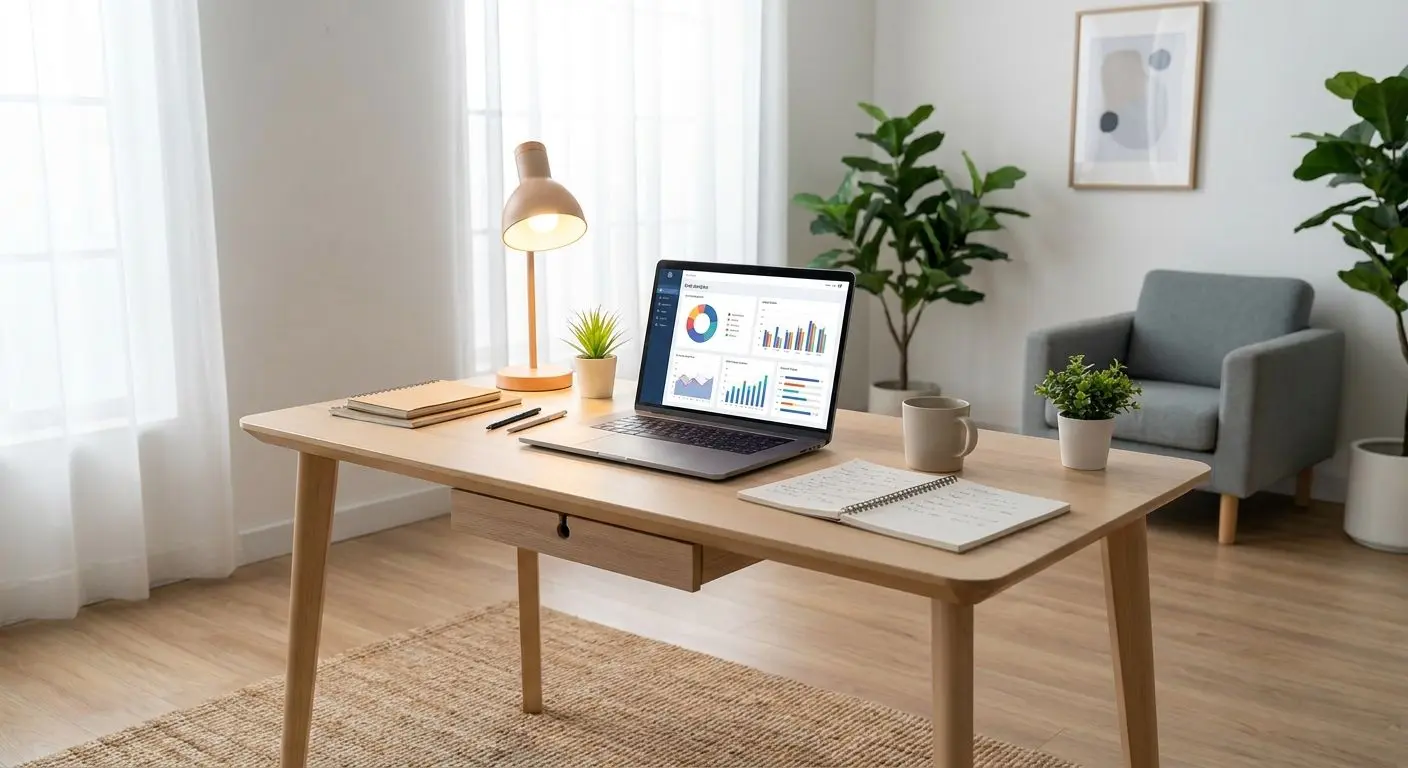 Neutral expertbild med skrivbord och analysmiljö