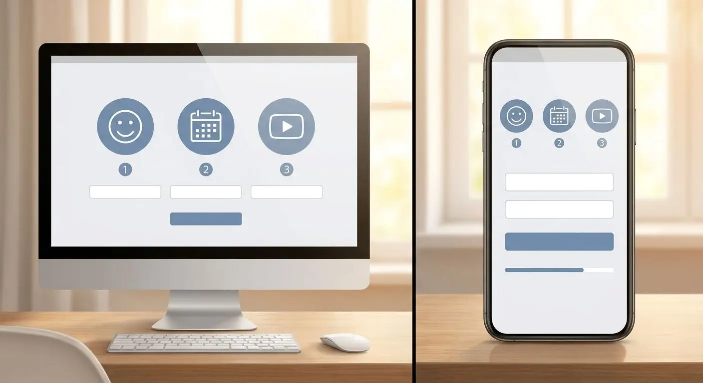 Förenklad registreringsskärm på desktop och mobil med tre steg