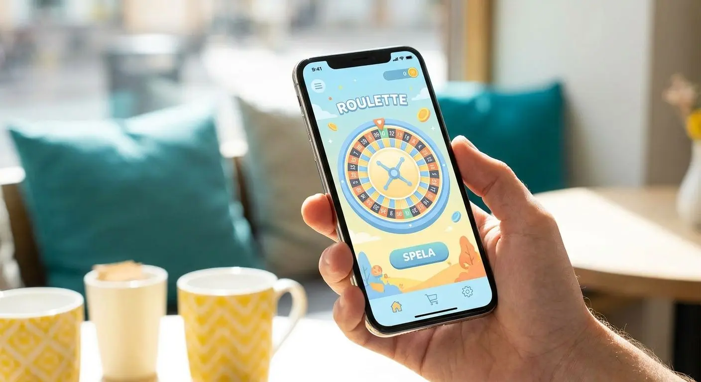 Smartphone med roulettehjul på skärmen i mobilvänlig spelmiljö