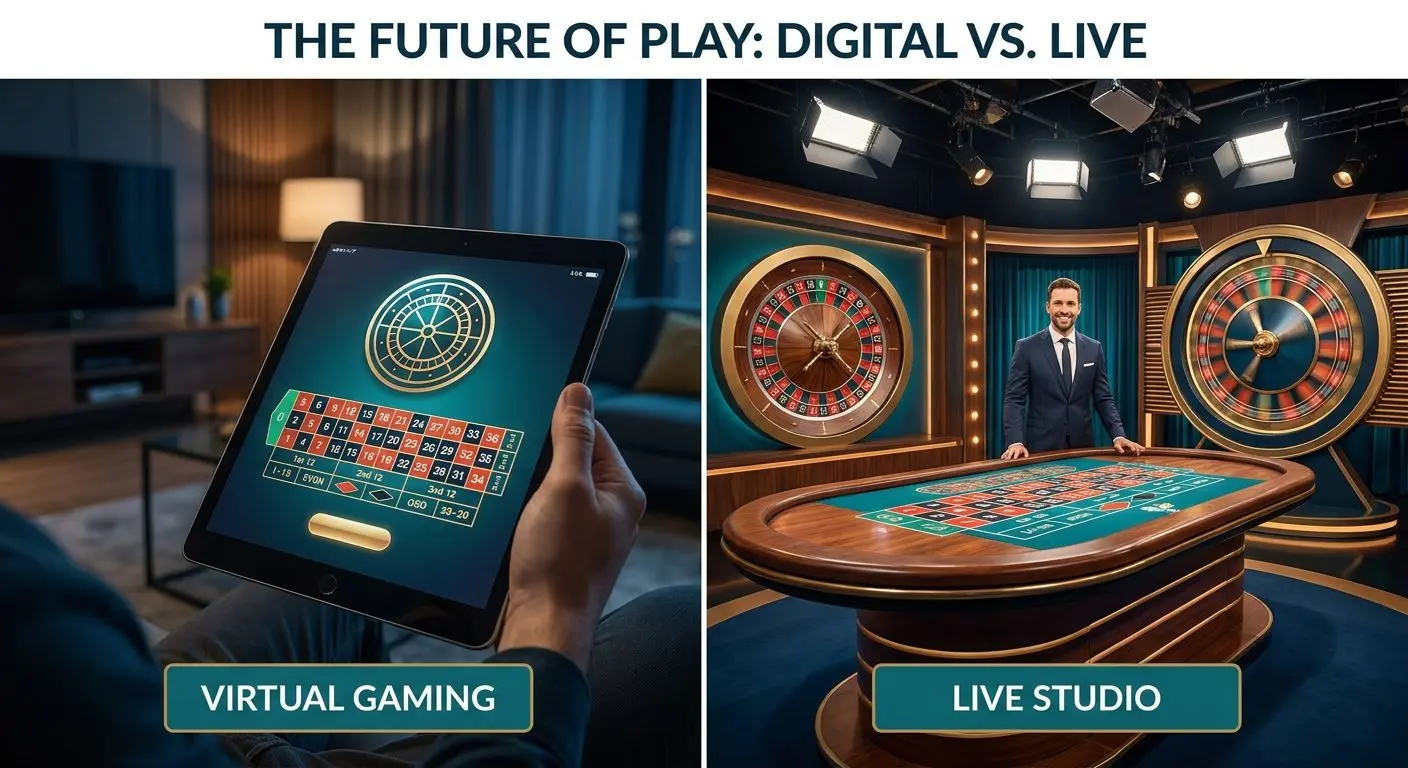 Jämförelse mellan digital roulette och live roulette i delad bild