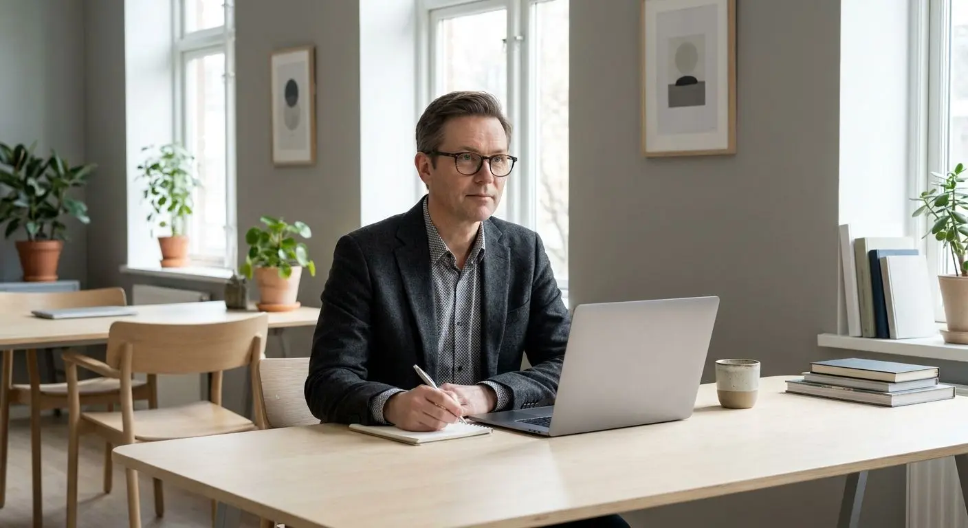 Professionell skribent och analytiker vid dator
